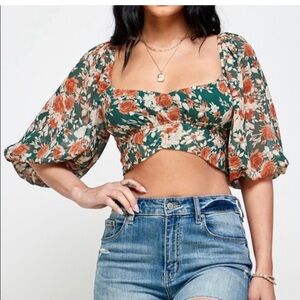 Blush Floral Crop Top - Green and Orange